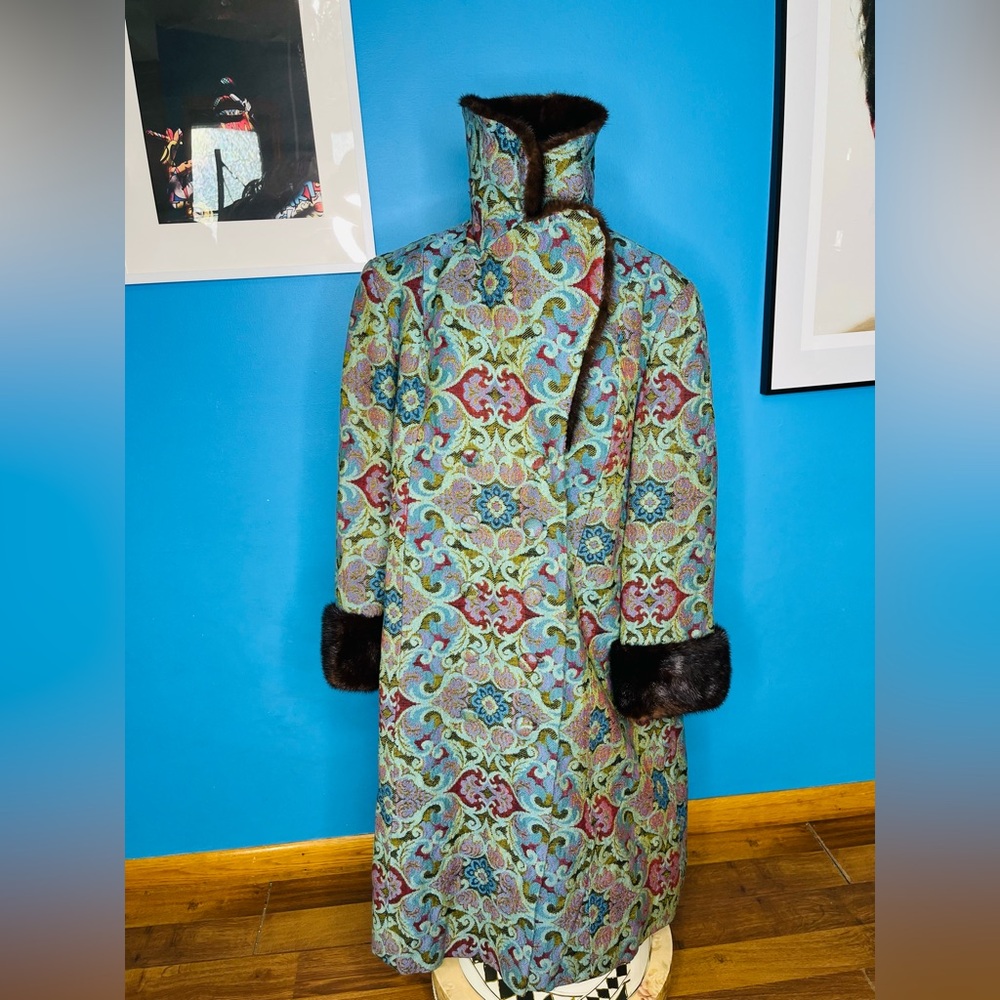 True Vintage 60s Tapestry Penny Lane Coat  Union Made Jacket Real Mink Fur - Picture 5 of 16